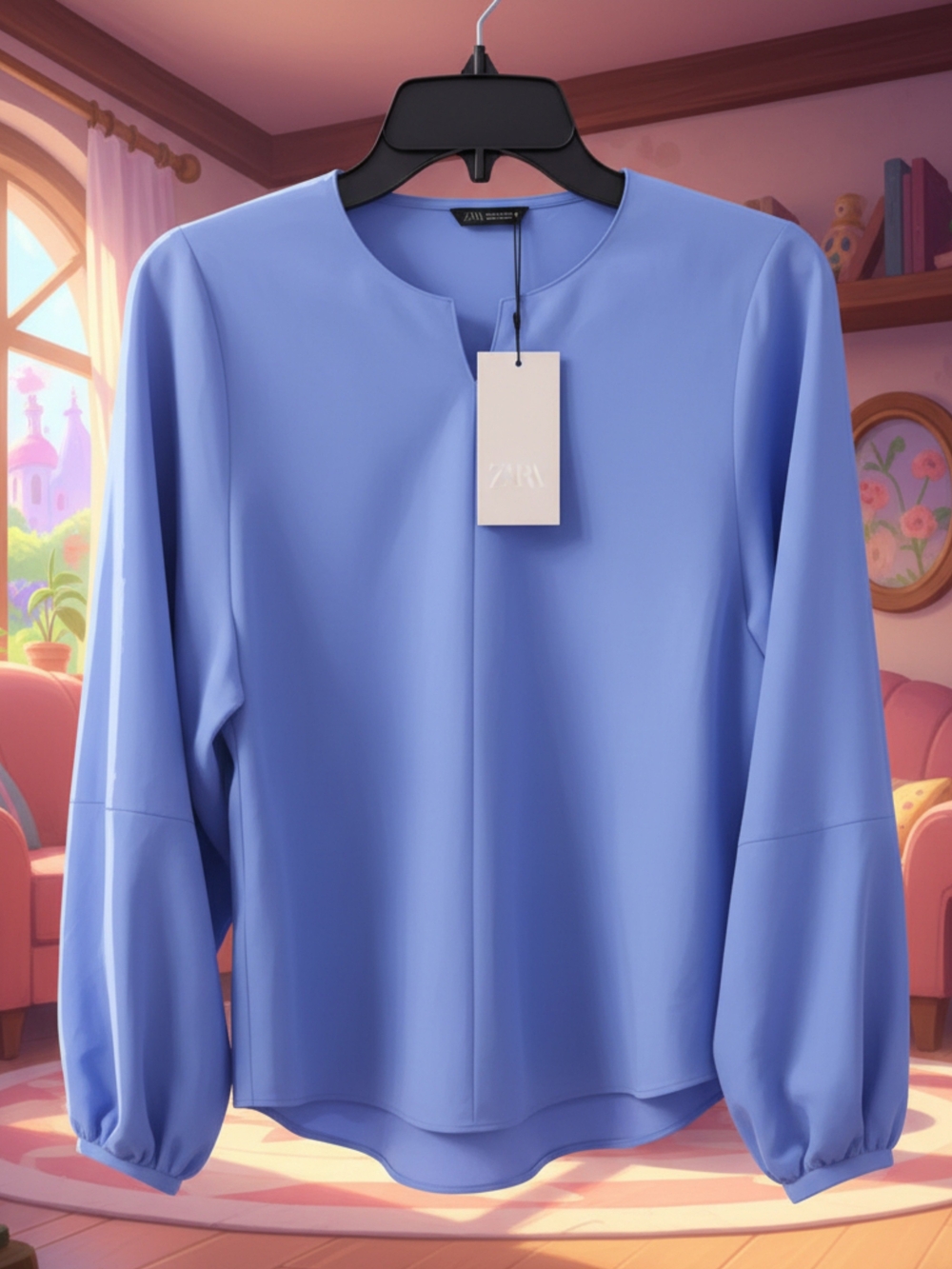 ZARA Periwinkle Round-Neck Long-Sleeve Blouse
